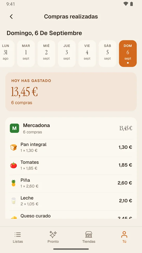 Pantalla de BomShop: historial de compras con los precios apuntados de forma opcional