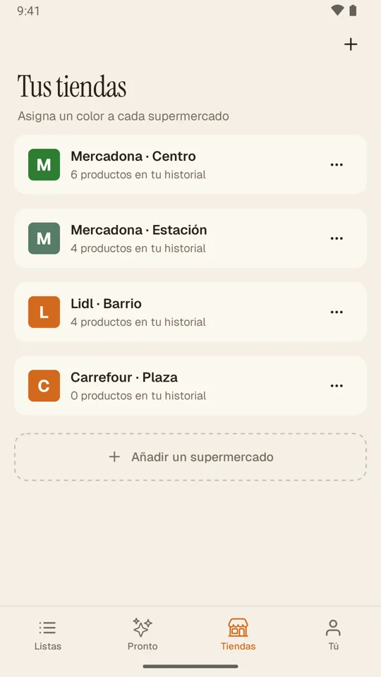 Pantalla de BomShop: tiendas y sucursales personalizadas, cada una con su color
